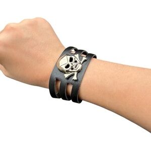 Black Leather Skull Faux Leather Cuff Rock Star Snap Closure Bracelet